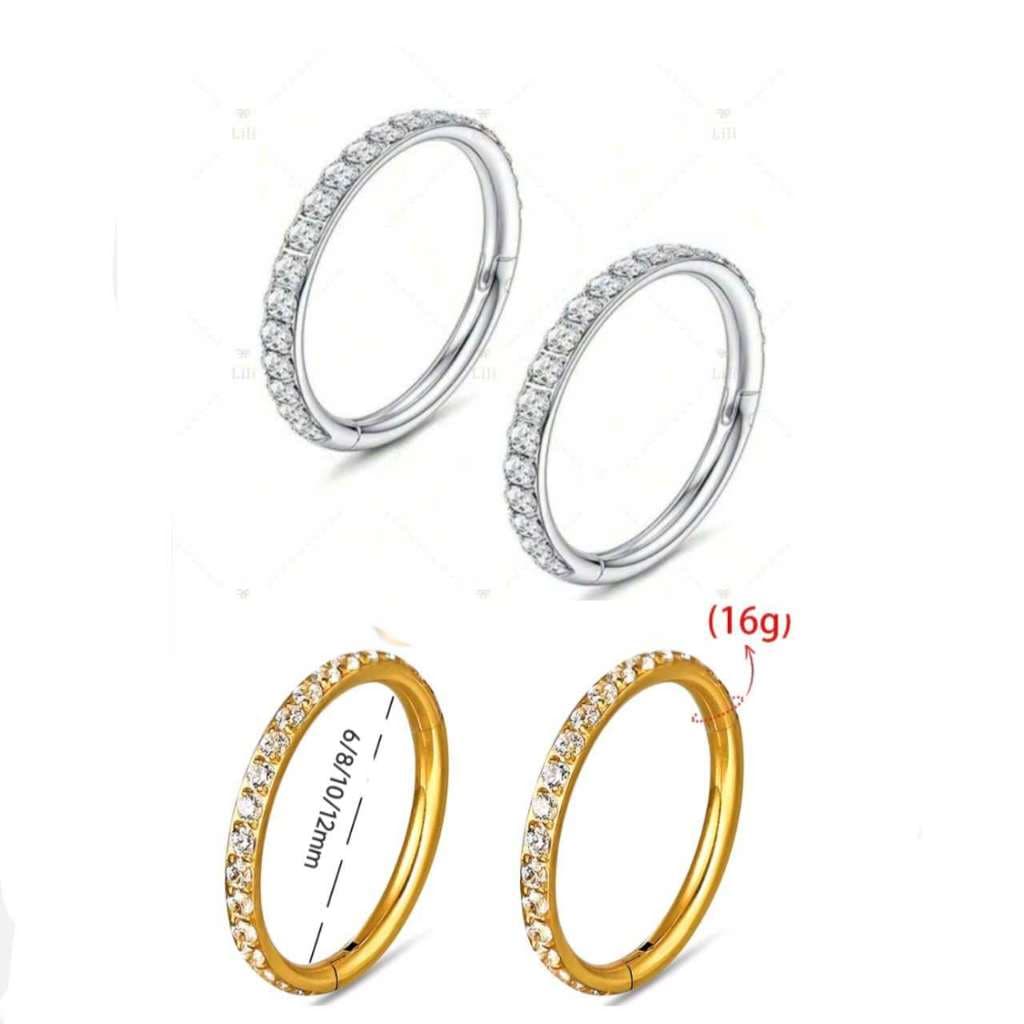 KIT 2 Piercing Argola Clik Aço Cirúrgico Cravejada- Prata/ Dourado