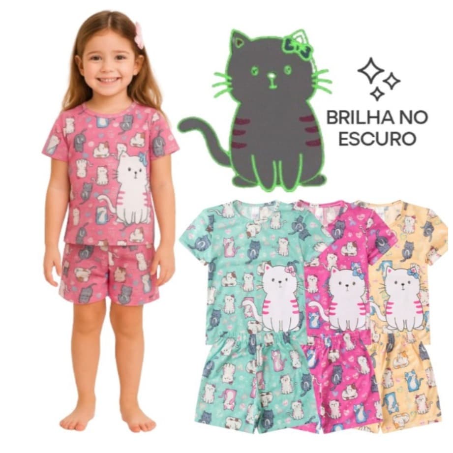 Pijama BRILHA NO ESCURO Infantil Menina Verão Gata - Hey Kids
