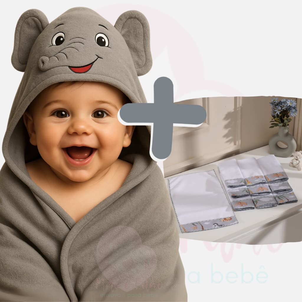Kit Toalha Banho Bebê Capuz Macio + 6 Toalhinhas Ombro Felpuda Atoalhada Fleece
