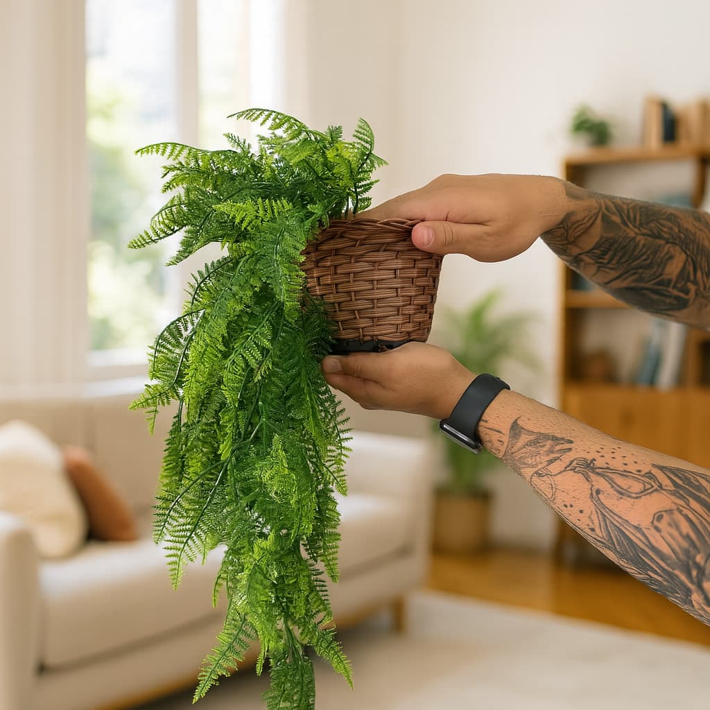 Kit Planta Decorativa: Vaso Trançado Marrom + 1 Pendente Artificial Folhas De Samambaias