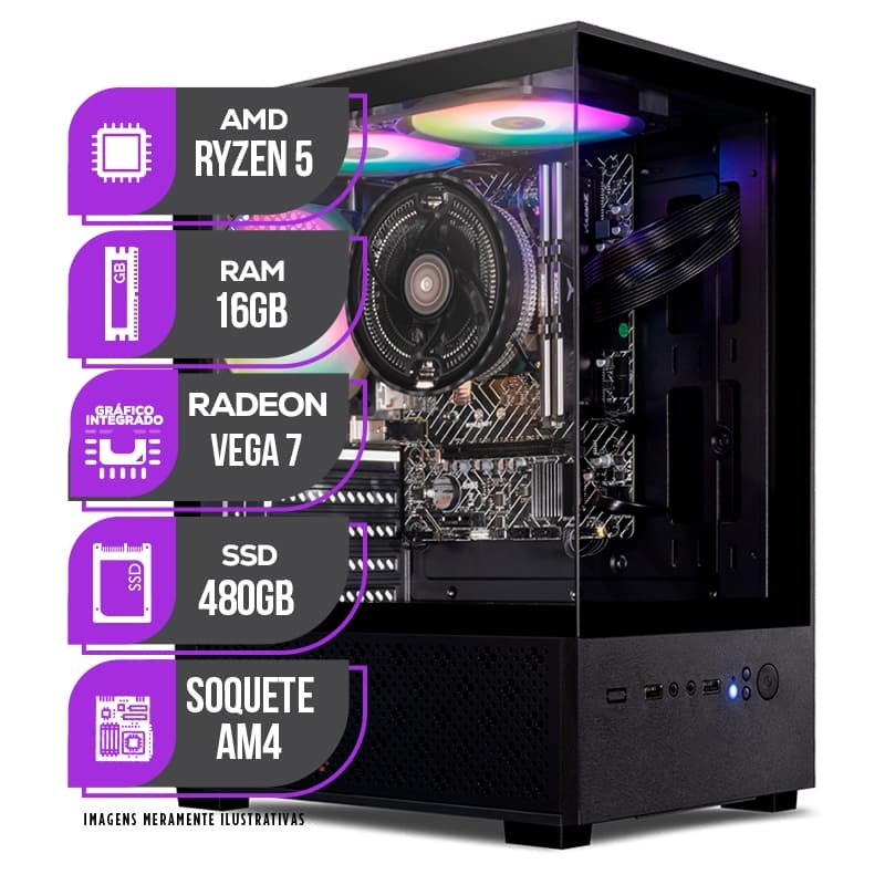 PC Gamer Mancer, AMD Ryzen 5 5600GT, Vega 7, 16GB DDR4, SSD 480GB, Fonte 400W 80 Plus