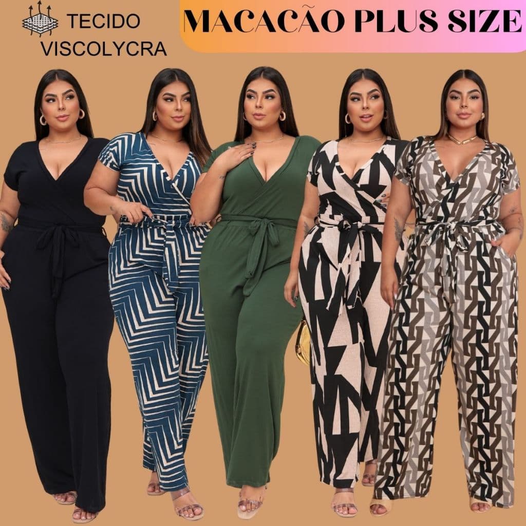 Macacão Feminino Plus Size Longo Macaquinho Liso Estampado Jardineira Macaquinhos Verão Pantalona Curvy Social