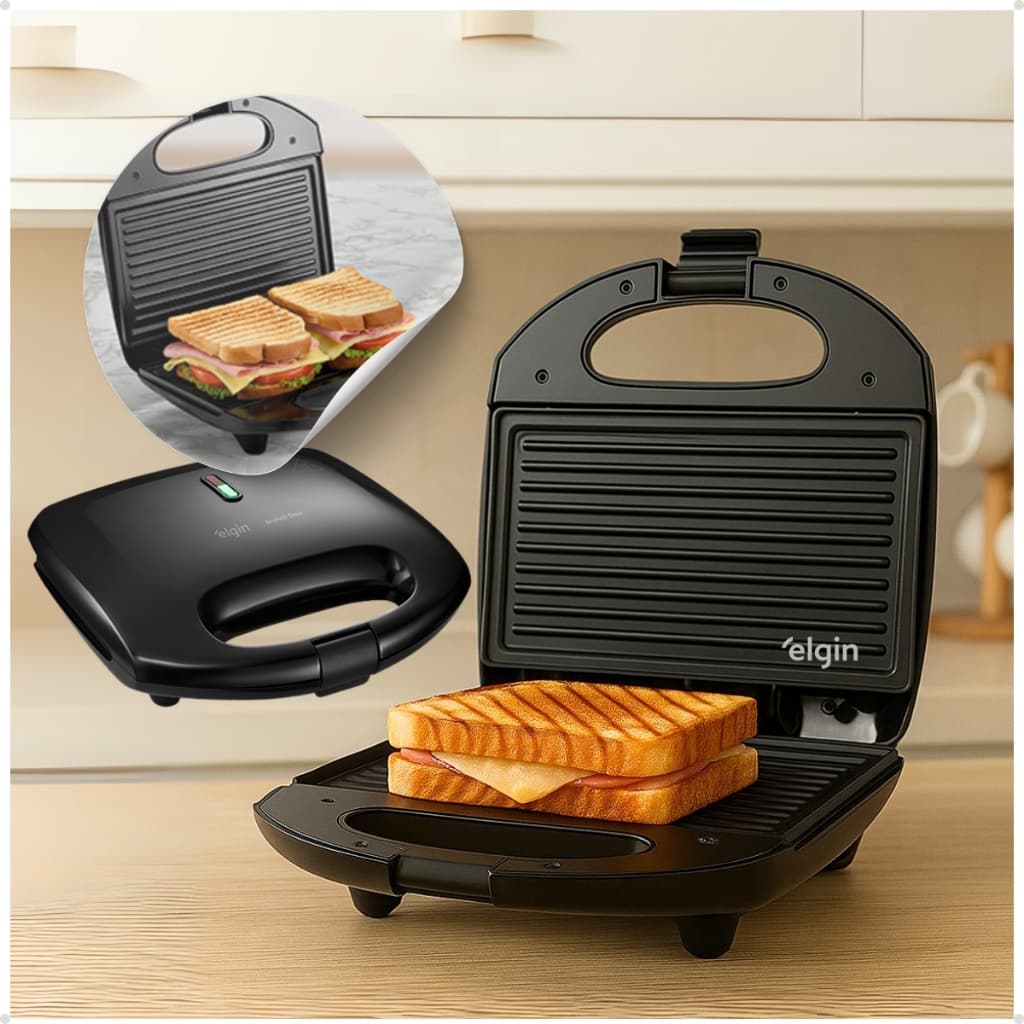 Sanduicheira Grill Eletrica 2 em 1 800w Preta 110v 220v Misteira Antiaderente Portatil Elgin