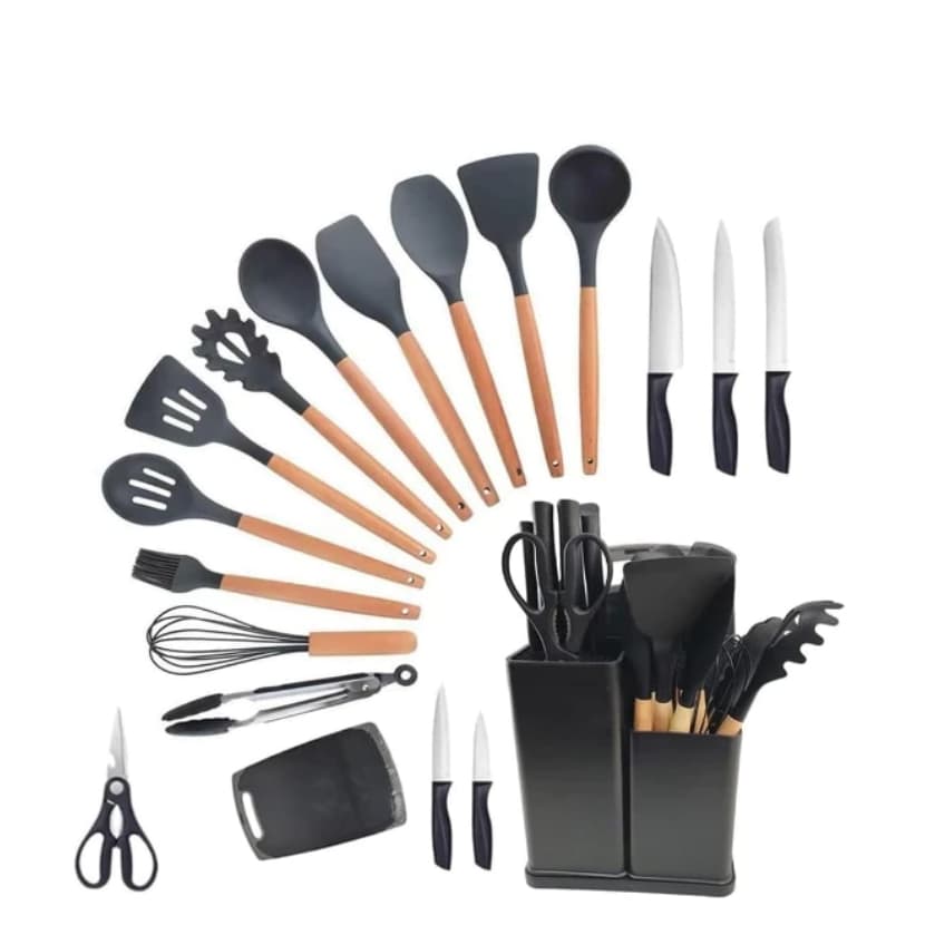 Kit Conjunto De 19 Peças Utensílios Cozinha Silicone Tabua Cor Preto