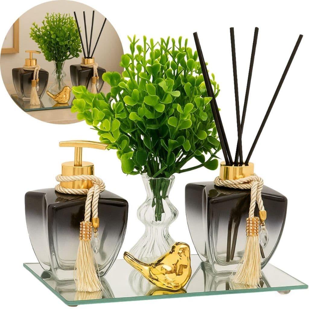 Kit Banheiro Lavabo Vidros Degrade Luxo C/ Bandeja Vasinho E Enfeite