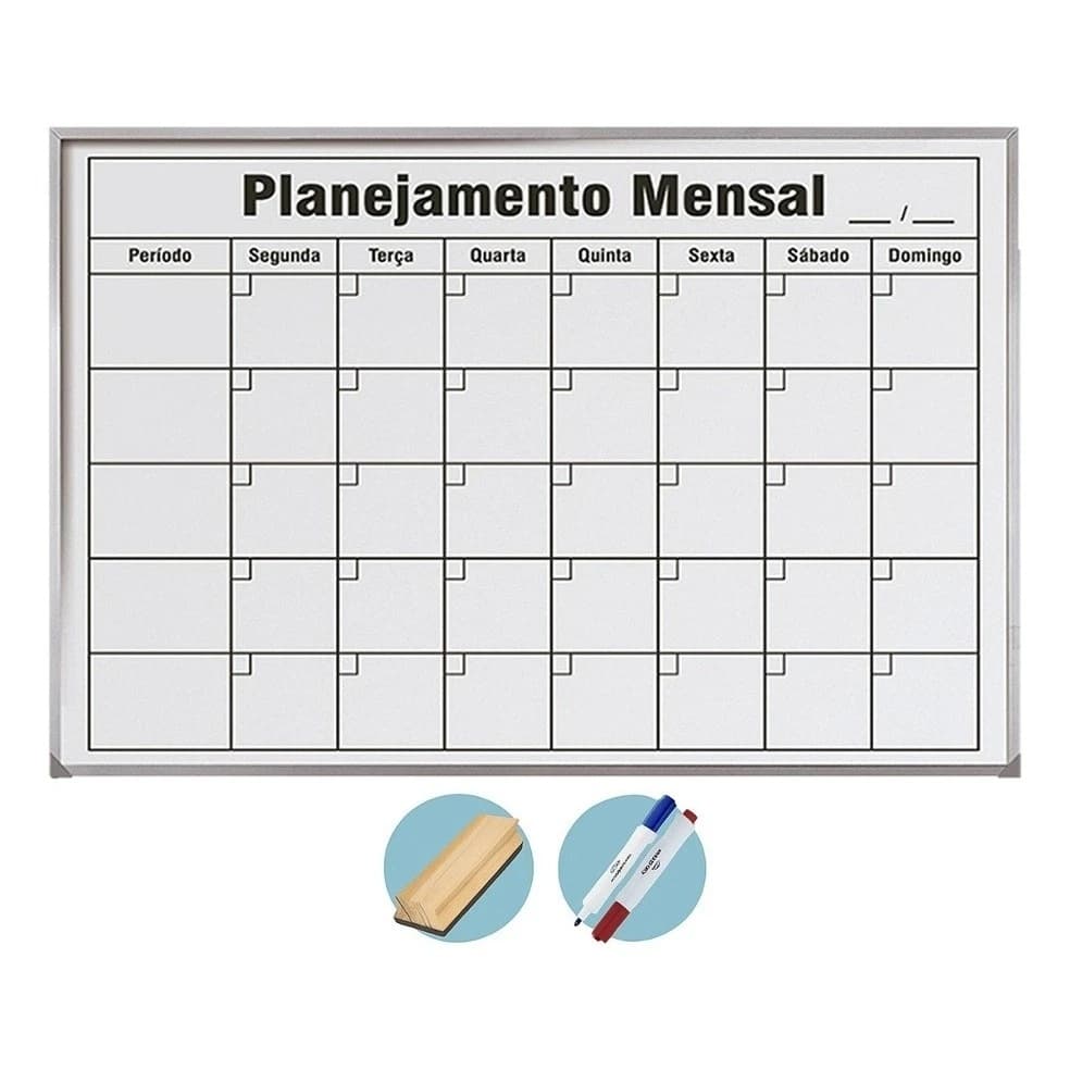 Quadro Planejamento Mensal 90x60 Lousa Planner Branco Moldura Alumínio + Kit 2 Canetas E Apagador