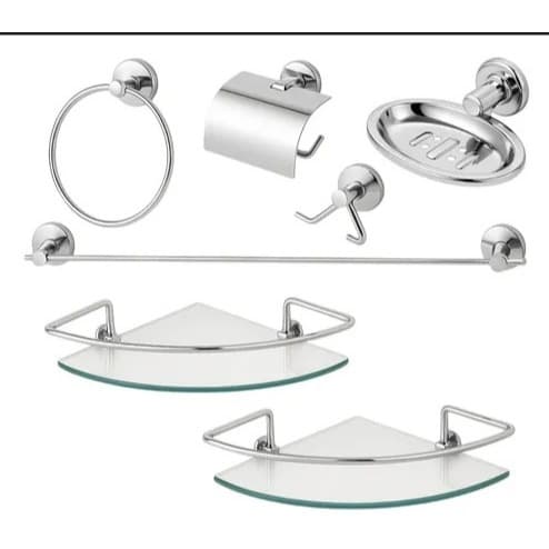 Kit Acessórios Para Banheiro Aço Inox 5 Peças + 2 Porta Shampoo Vidro Canto