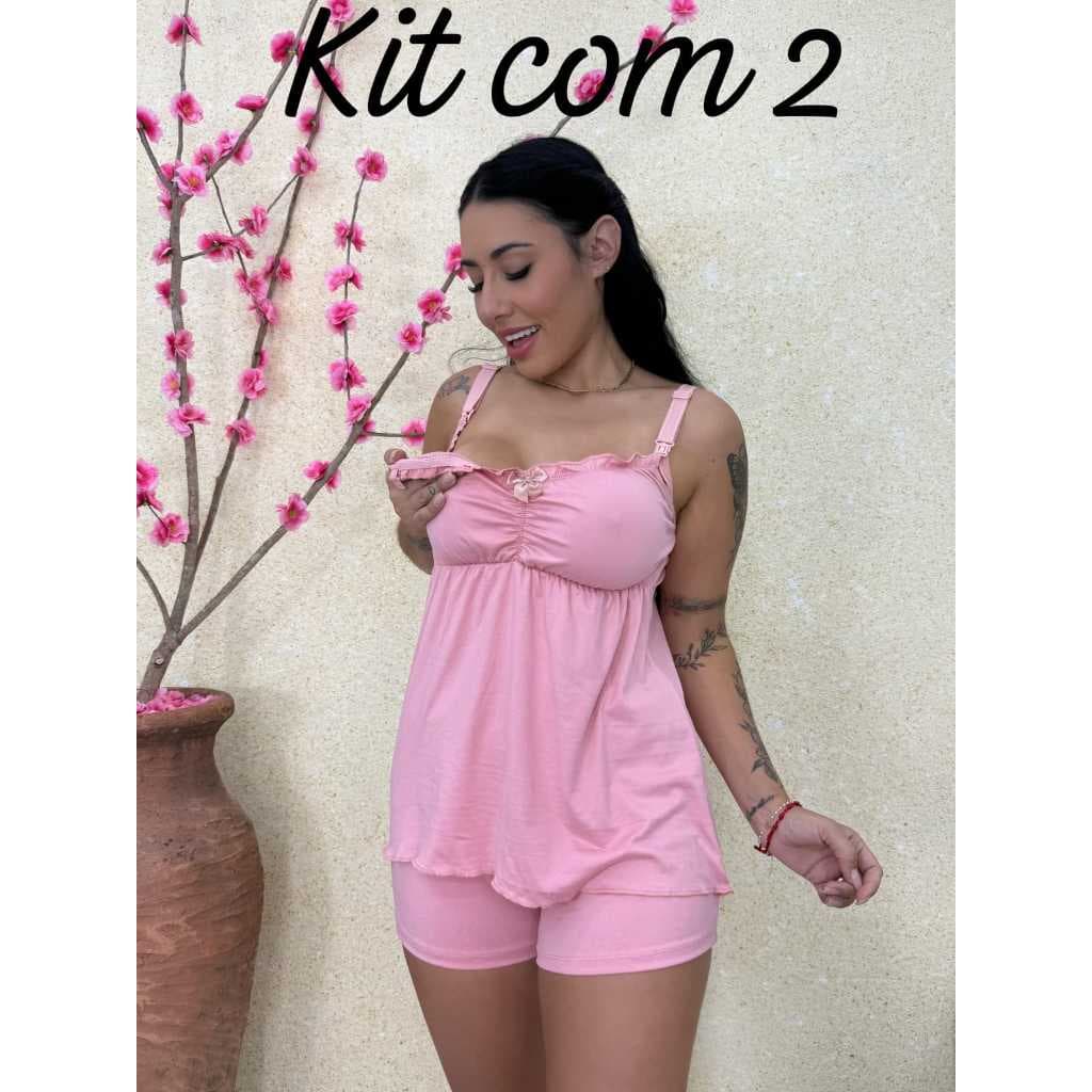 Kit com 2 Baby Doo Amamentação Liso Pijama Confortável Gestante