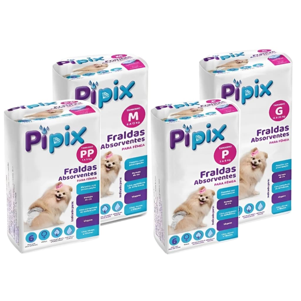 Fralda Higiênica Descartável para Cães Fêmea PIPIX Pacote com 6 Unidades Fralda Pet