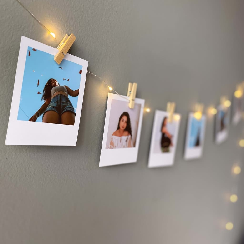 Foto + Varal - Kit com até 30 Mini Fotos - Opção de Prendedor Liso ou De Coração