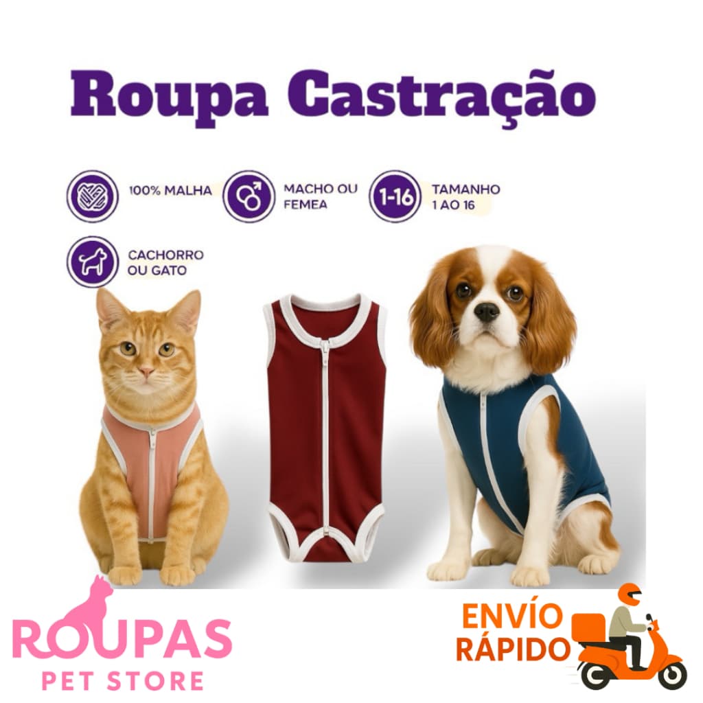 Roupa Pós Cirúrgica P/Gatos e Cães (Femea/Macho) Roupa Castração Tam. 0 A 10