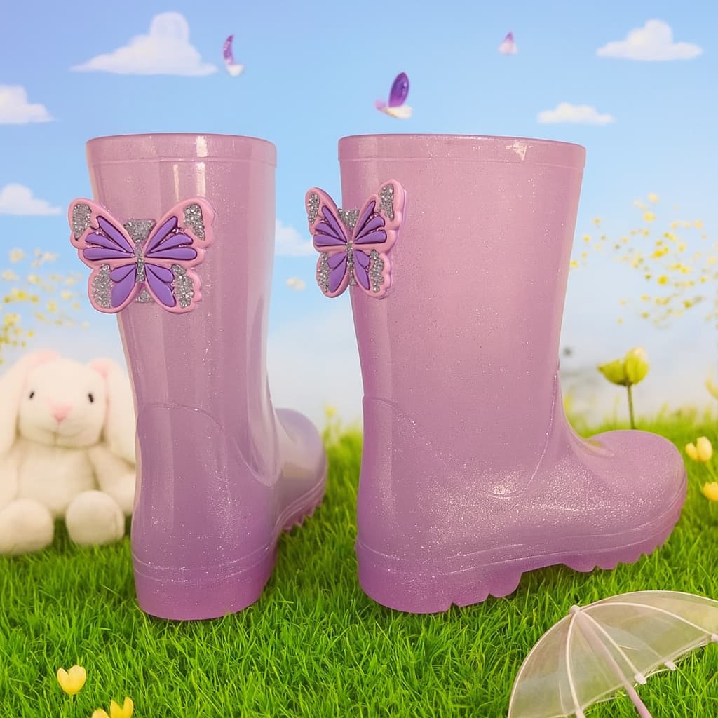 Galocha Infantil Menina Cano Alto Brilho Glitter Borboleta Delicada Leve Confortável Promoção