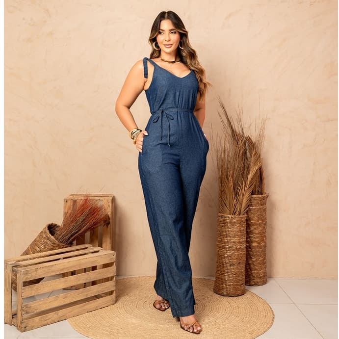 Macacão Longo No Jeans Tencil Com Regulagem De Alças E Cintura Caimento Perfeito Shopee