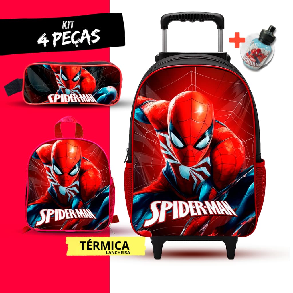 Mochila escolar de Rodinha + Lancheira Termica e estojo Homen Aranha