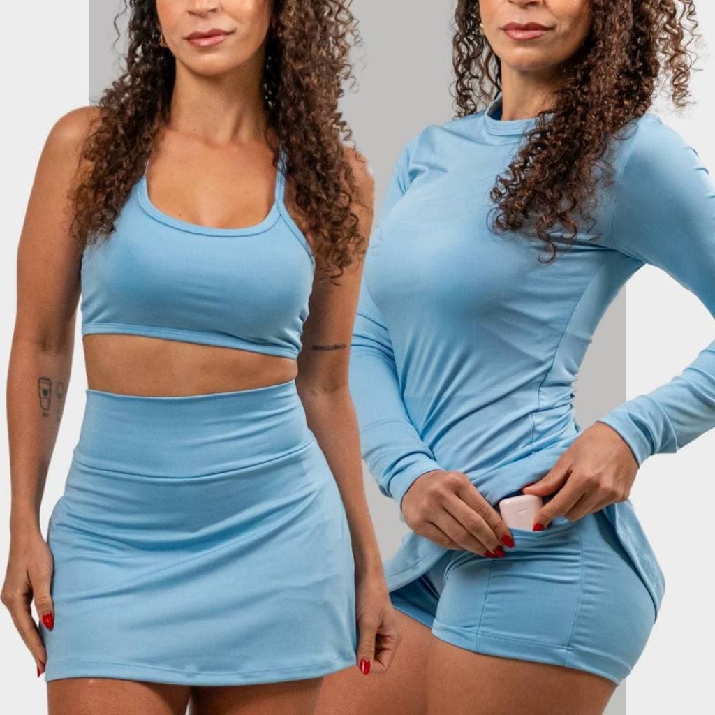 Conjunto 3 peças pra Treino Meia Estação Feminino Camiseta Uv+ Short Saia+ Top Nadador pra Corrida