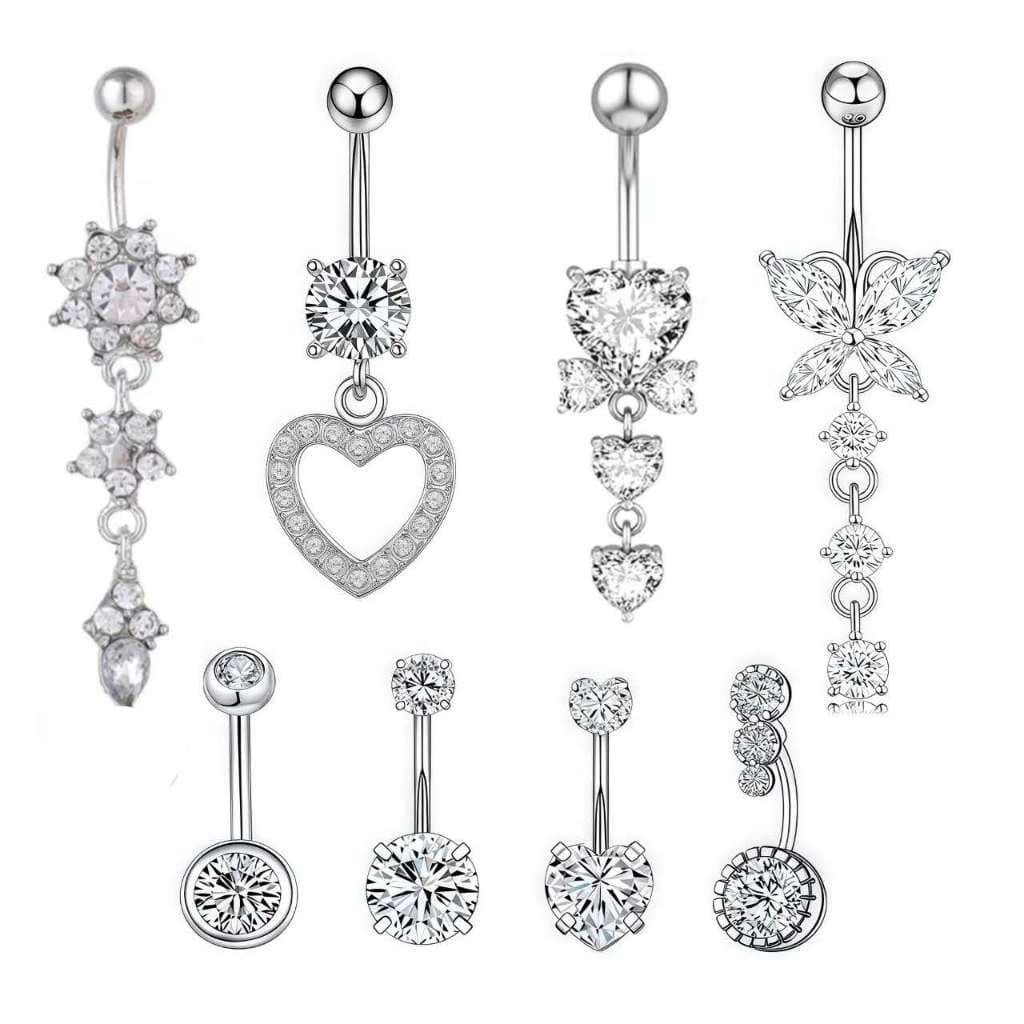 Piercing De Umbigo Cravejado_ Brilho C/Pingente  De Coraçãoao/Borboletas Aço Inox _Prata