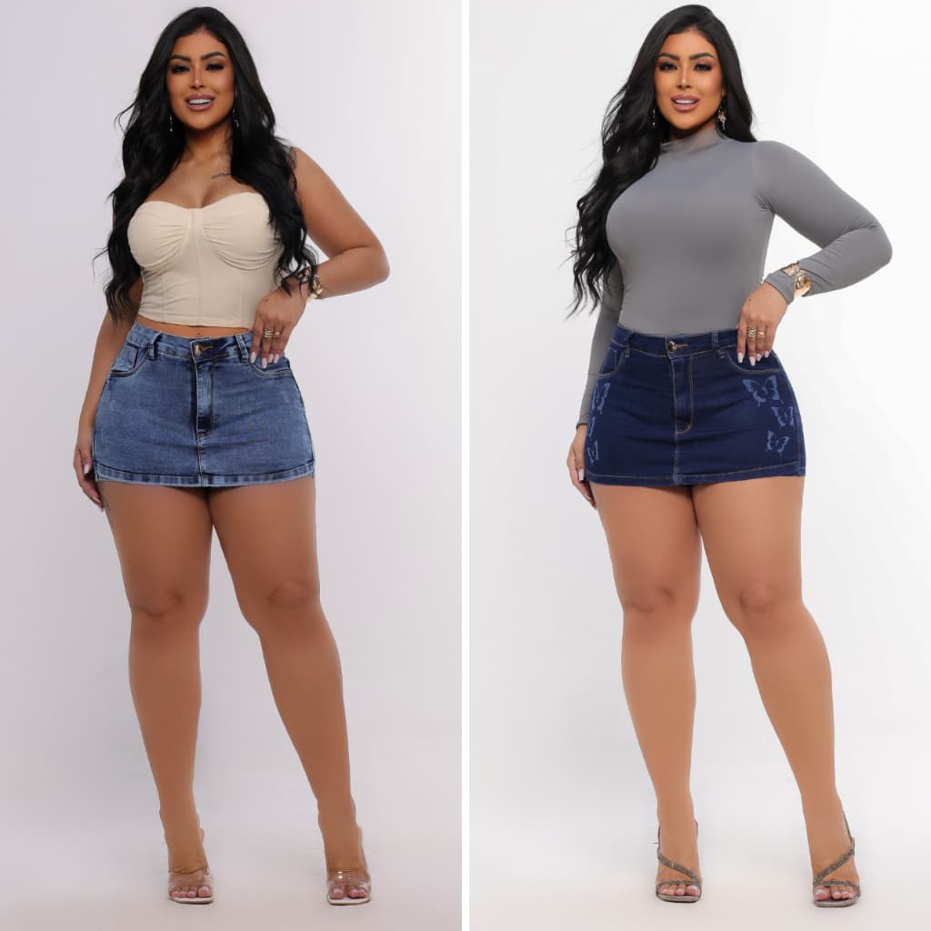 Short Saia Jeans Plus Size Premium Feminino Cintura Alta Com LYCRA Elastano Levanta bumbum