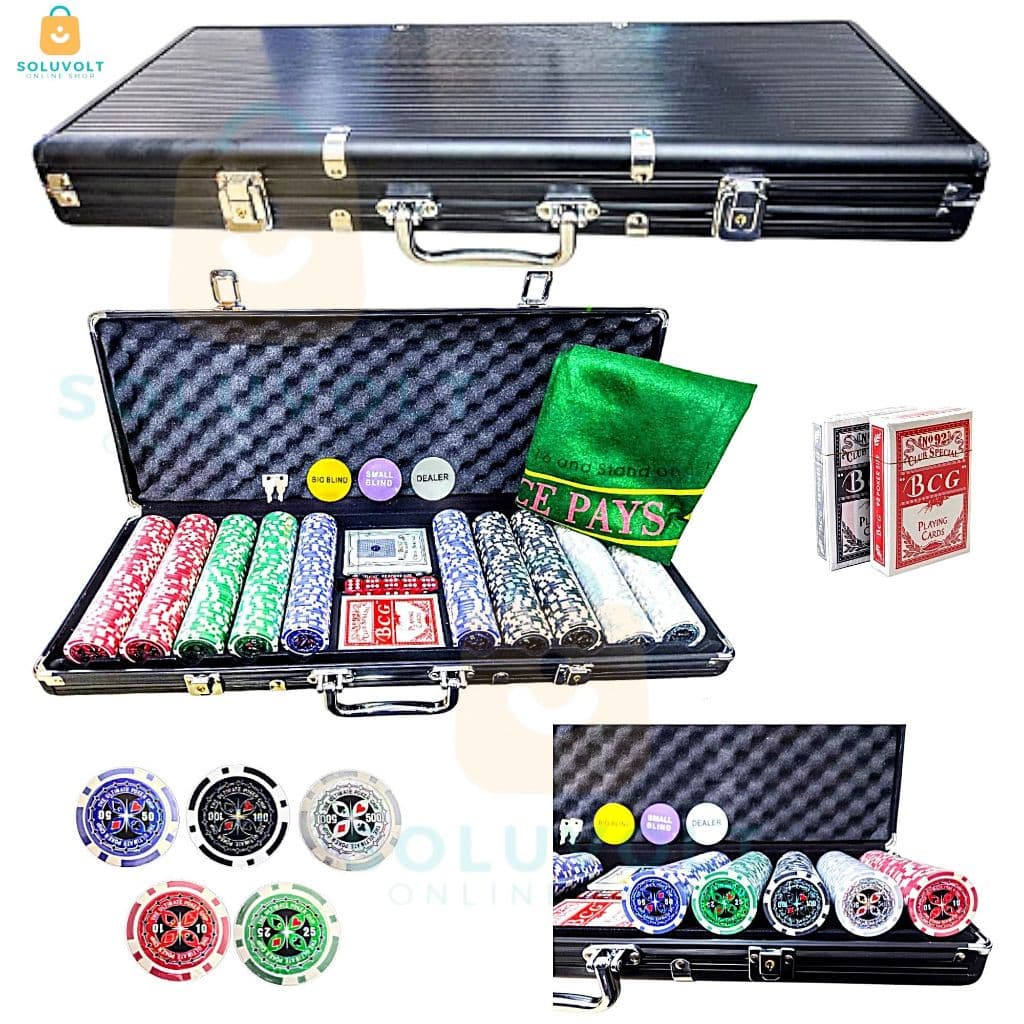 Maleta de Poker 500 Fichas Luxo C/Numeração C/Tapete Com Chave 2 Baralhos 5 Dados Pôquer