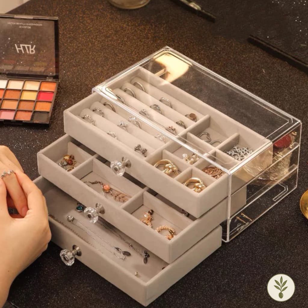 Porta Joia Acrílico Luxo Veludo 3 Camadas Brinco Anel Compartimento Caixa De Jóias Tampa Acrílico