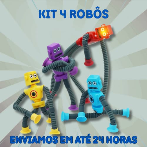 Kit com 1/2/3/4 Robôs Estica e Gruda Brinquedo Infantil Pop It Tud Com Luz Led com Ventosa