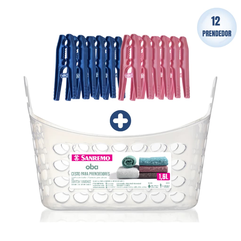 Kit Cesto Porta‑Prendedores 1,6 L + Grampos de Roupa