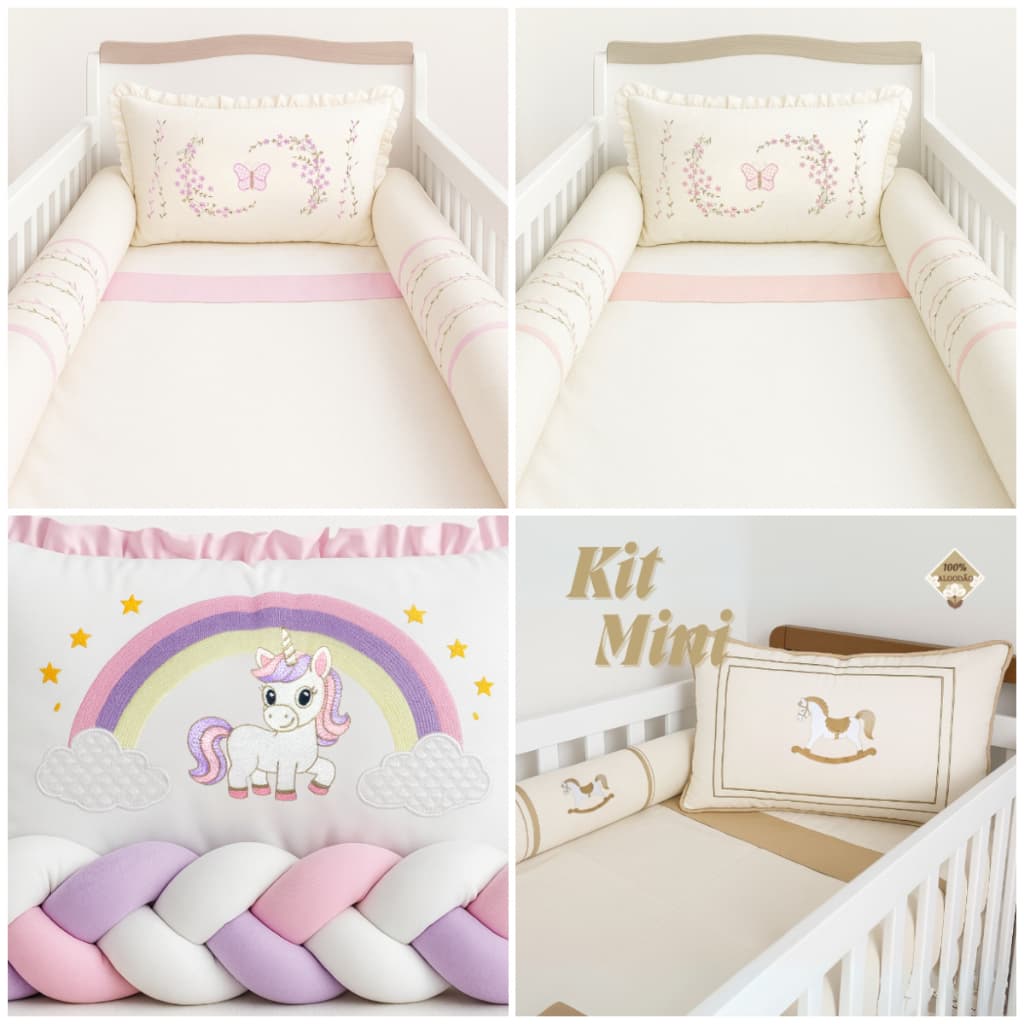 Kit Mini Berço Lepetit Veneza Menina Bordado 100% Algodão lençol Elástico Mosquiteiro Menino Luxo