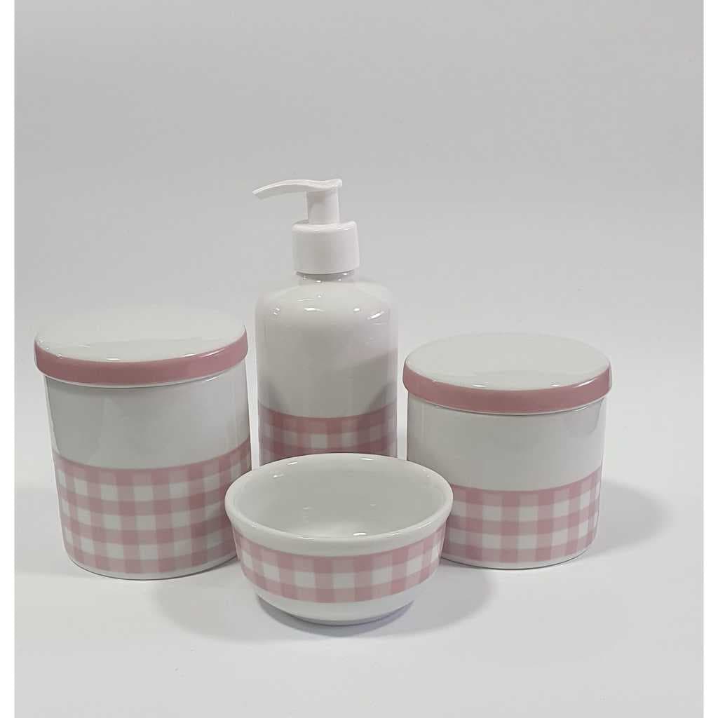 Kit Bebe Porcelana Higiene  Menina Maternidade Xadrez Rosa Delicado