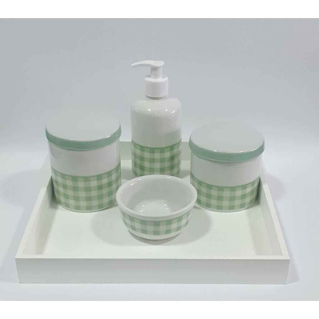 Kit Bebe Porcelana Higiene  Maternidade Xadrez Verde Delicado
