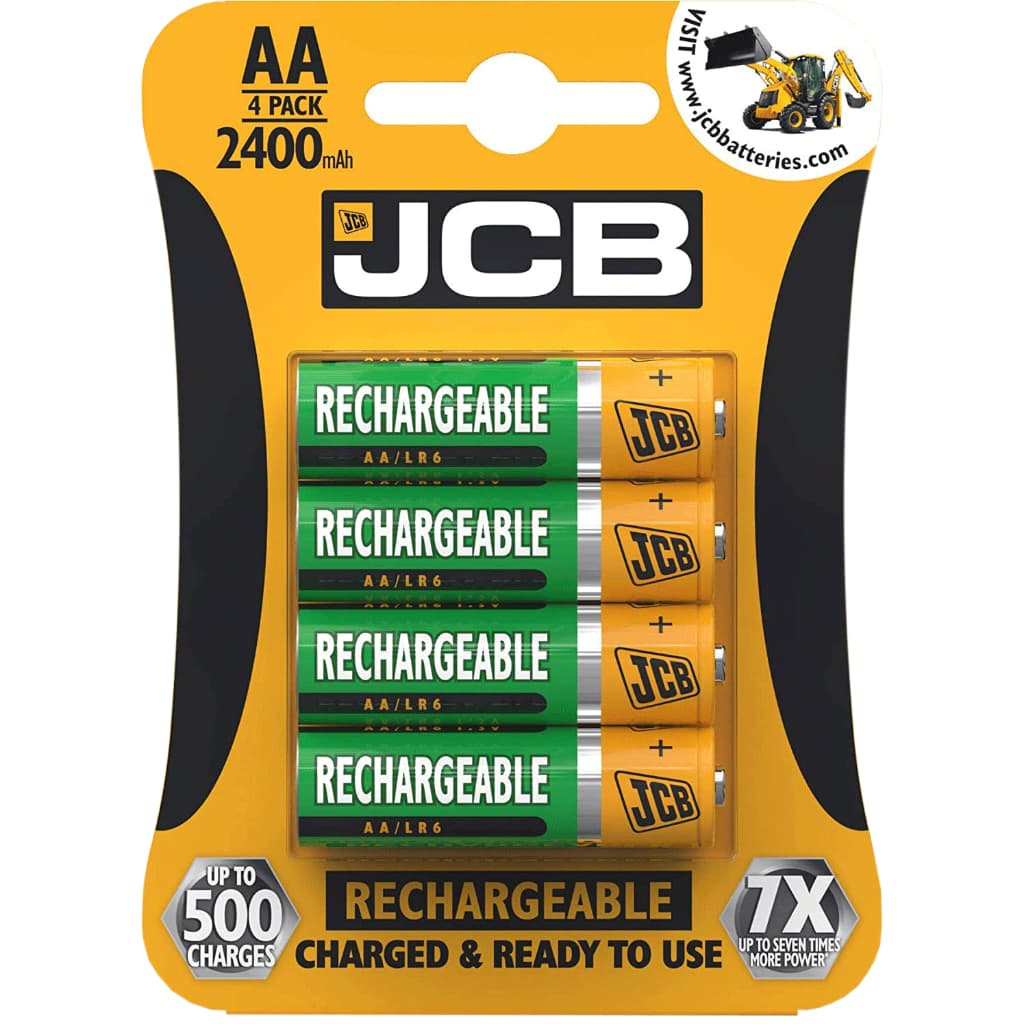 4 Pilhas AA Recarregáveis da JCB, 500 Recargas, 2400 mAh