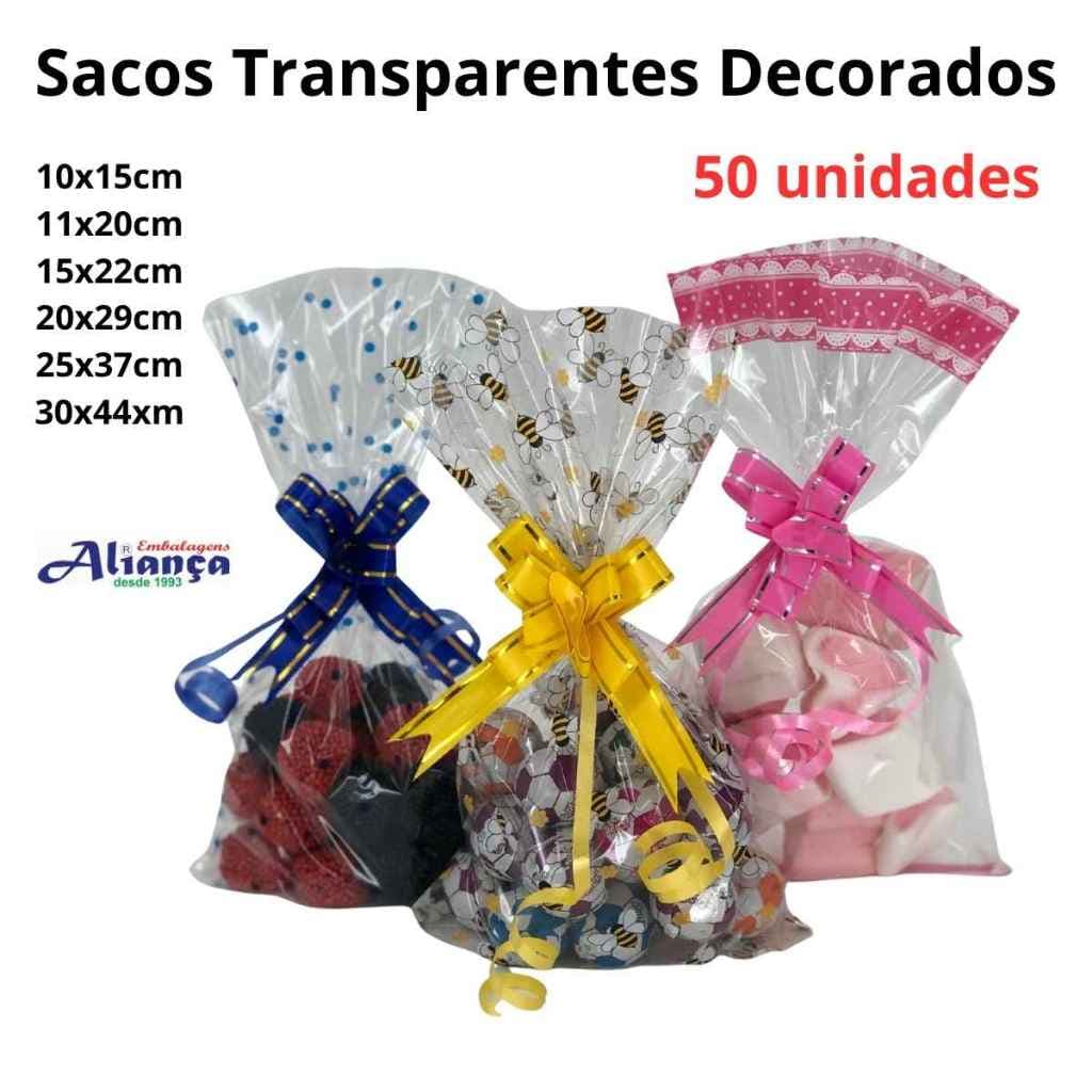 50 Embalagem Transparente Decorada – Sacos p/ Presente, Festa e Lembrancinha