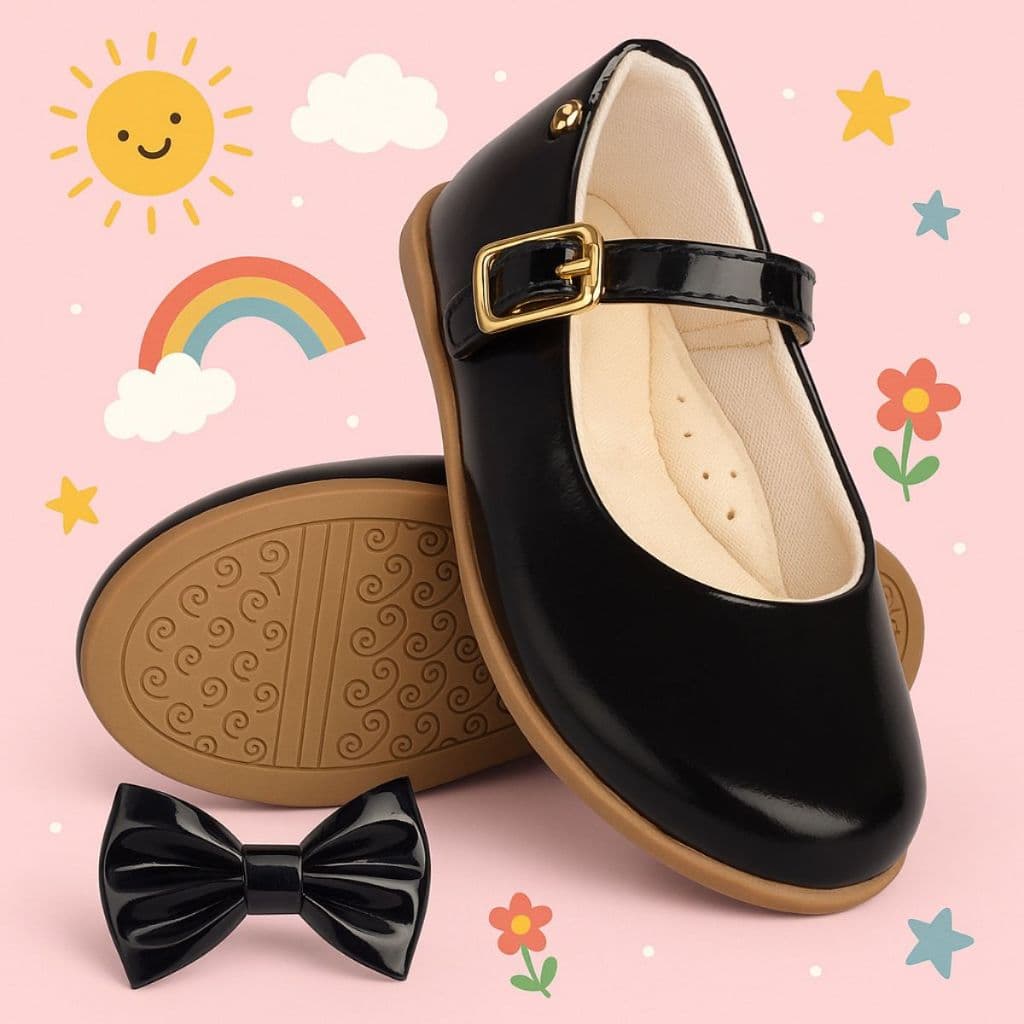 Sapatilha Infantil Kids Menina com Laço Removível Sandália Lisa Boneca Ajuste de Fivelas Dourada Confortável