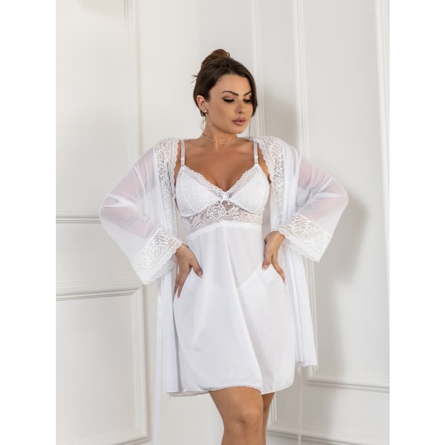 Kit Noiva Lua de Mel com 1 camisola e 1 robe luxo de renda acompanha 2 calcinha fio dental
