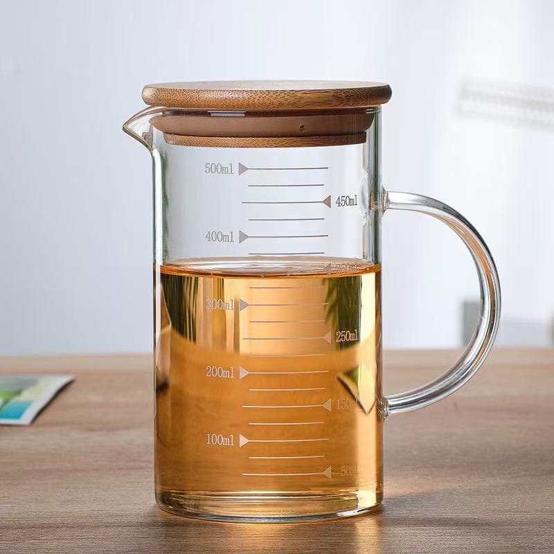 Jarra De Vidro Com Tampa De Bambu 500ml Medida Sucos Leite Água