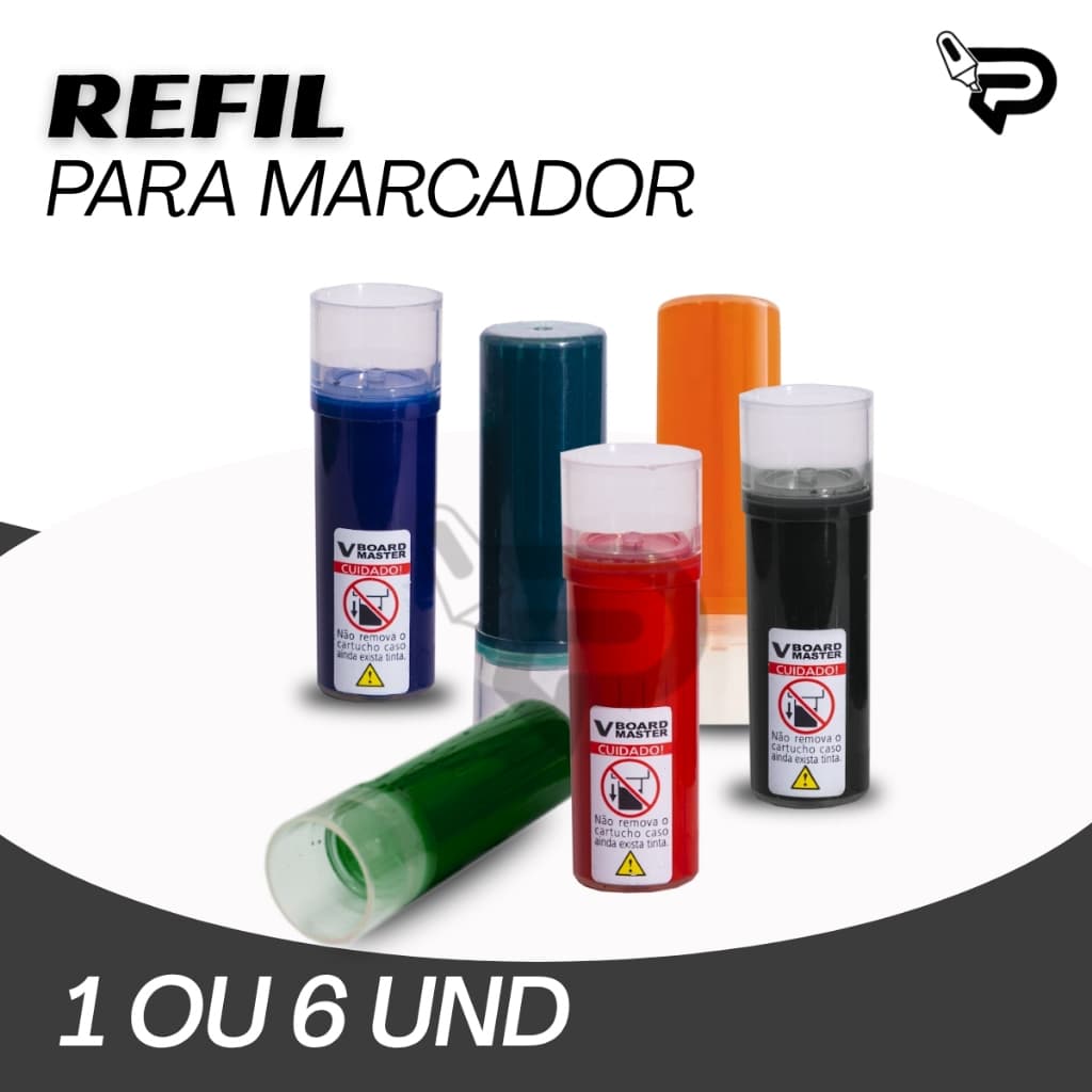 Kit 6 Refil de Tinta Para Pincel Marcador Para Quadro Branco V-Board Master Alta Performance