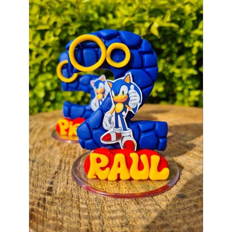vela de aniversário SONIC, AZUL personalizada, biscuit, topo de bolo com nome e pavio
