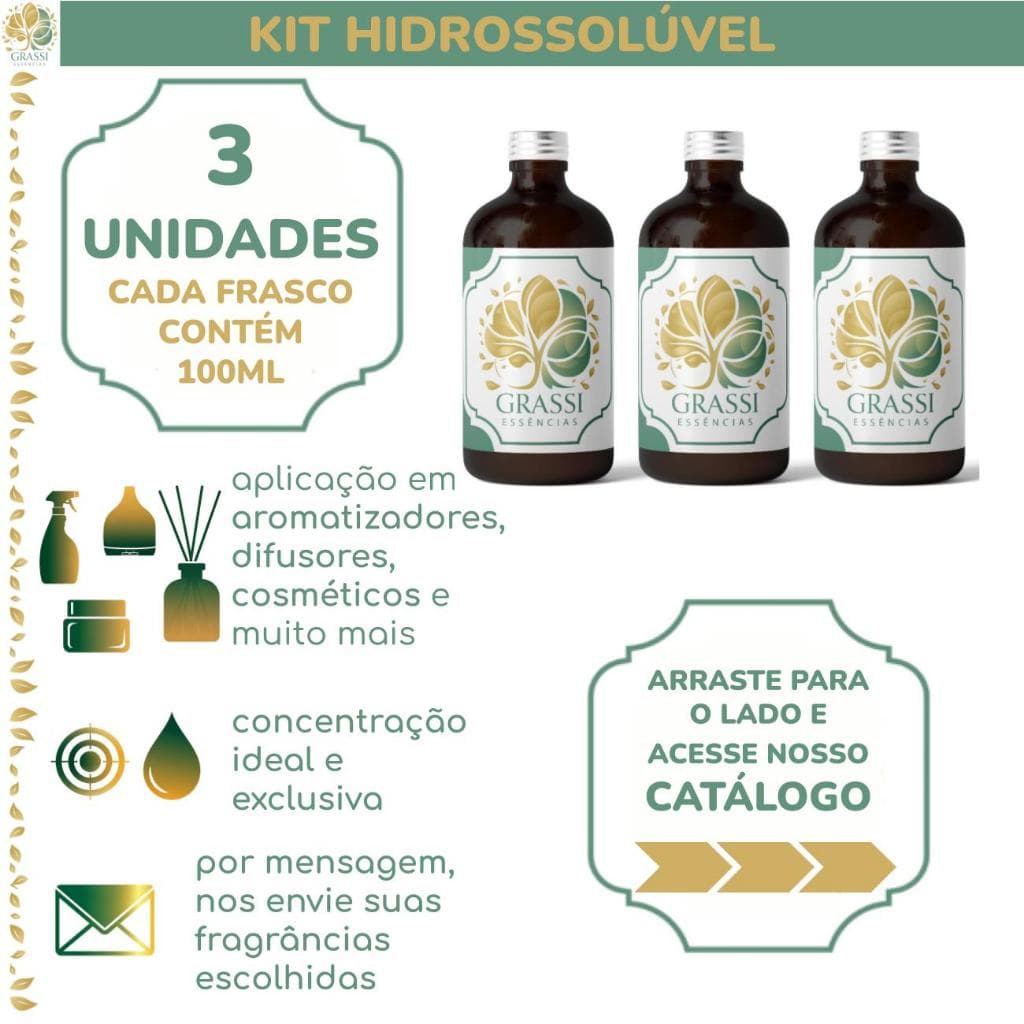 Kit 3 Unidades | Essências Hidrossolúveis | + de 200 Opções de Fragrâncias | 100ml por frasco | Escolhas via Chat
