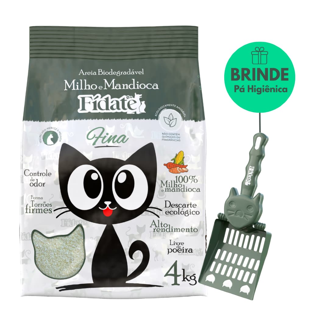 Areia Para Gatos Biodegradável Milho e Mandioca Fina 4kg + Brinde Pá - Fídate
