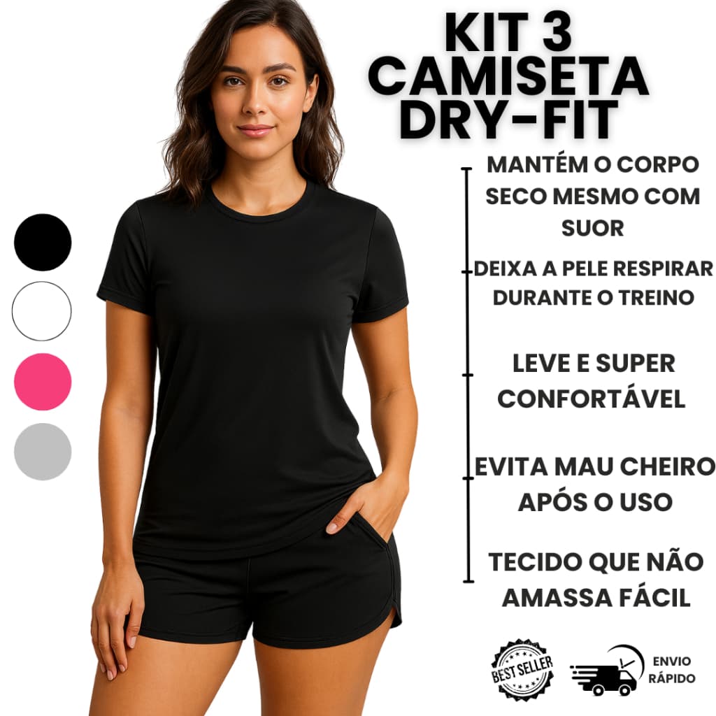 Kit 3 Camisetas Dry Fit Feminina Anti Suor Academia