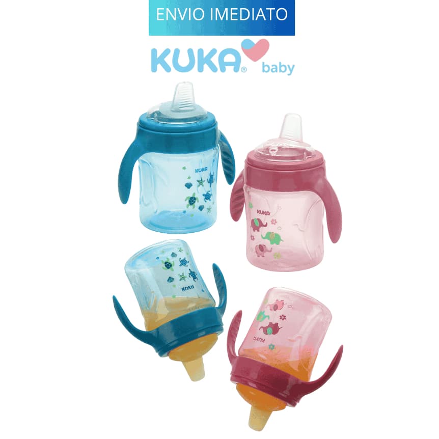 Caneca de Treinamento Decorada Antivazamento Kuka Baby 200ml com Alça Bico Silicone Macio e Bico