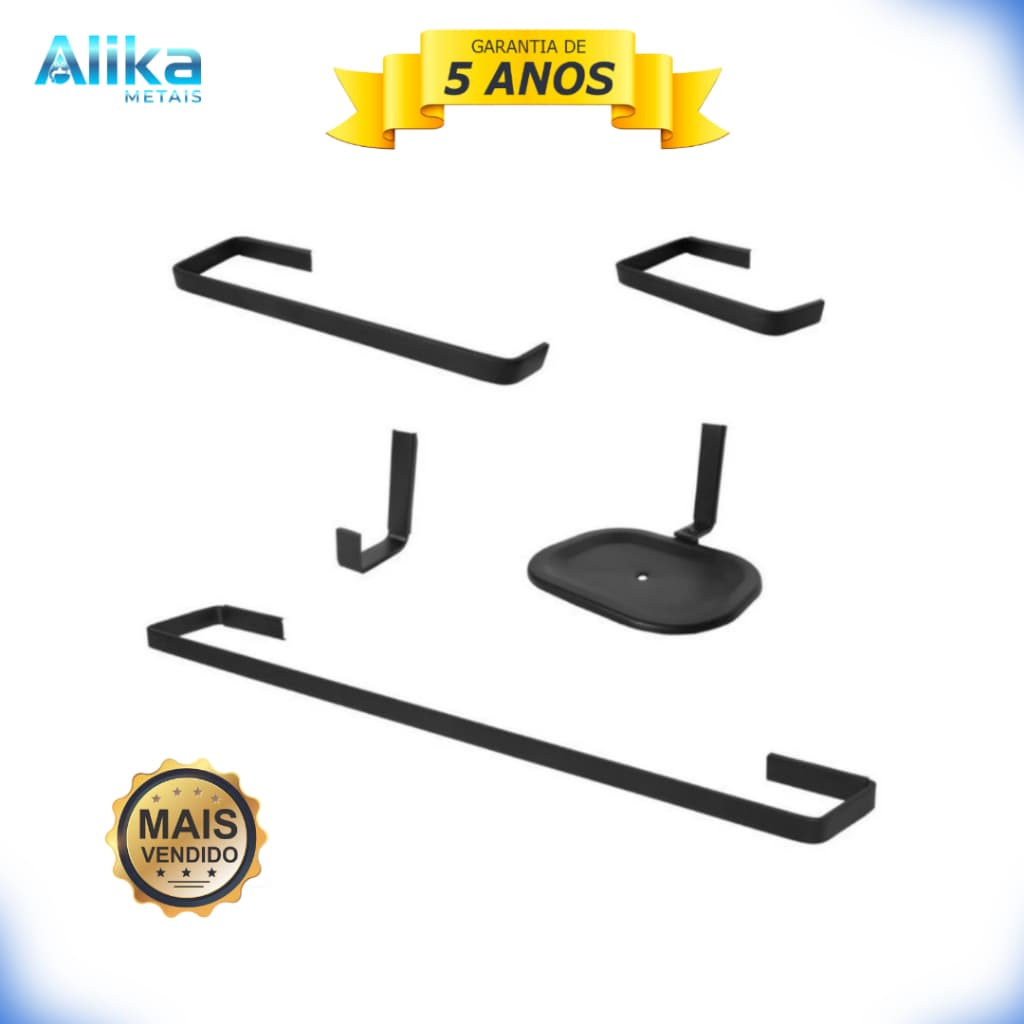 Kit Acessórios Para Banheiro Quadrado Completo 5 Peças Preto Com Saboneteira Luxo