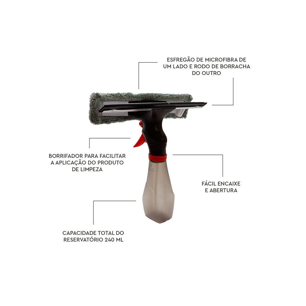 Rodo Limpa Vidros Spray 3 em 1 Powermaid Borrifador, Lava e Seca Com Reservatório 240ML