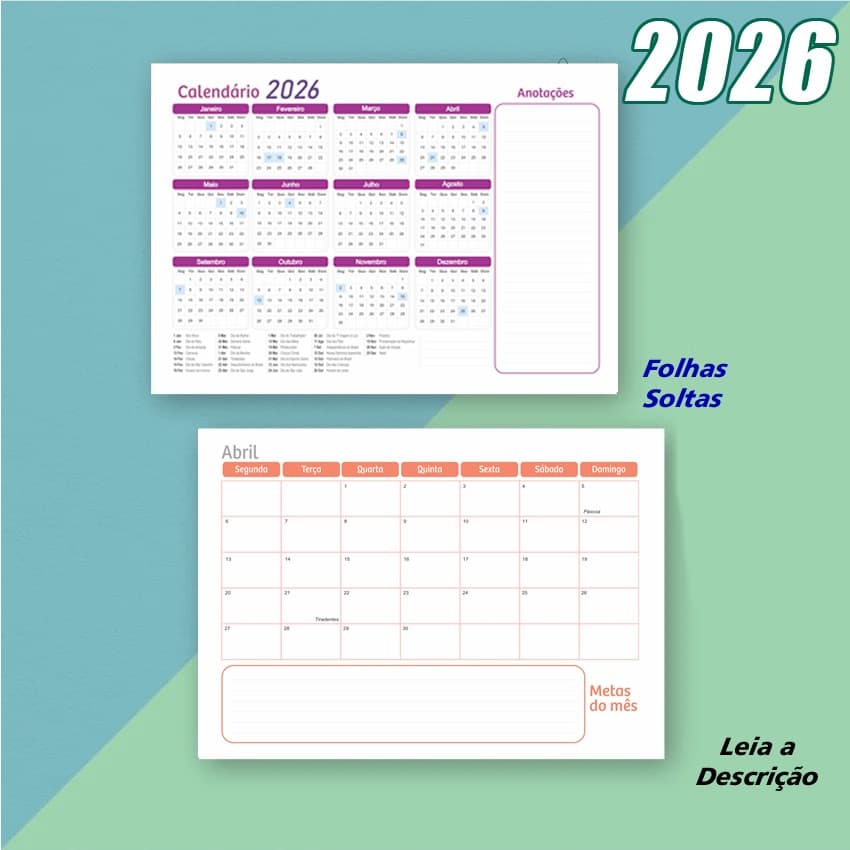 Planner Mensal 2026 - Agenda Calendário - 14 Folhas A4 - Organizador de cronograma
