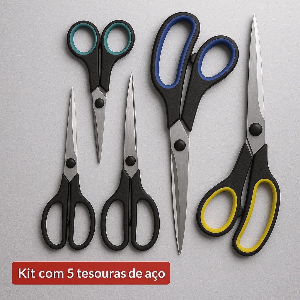 Kit 5 Tesouras de Aço Inoxidável Multiuso e Alta Durabilidade Tesoura Grande e Pequena