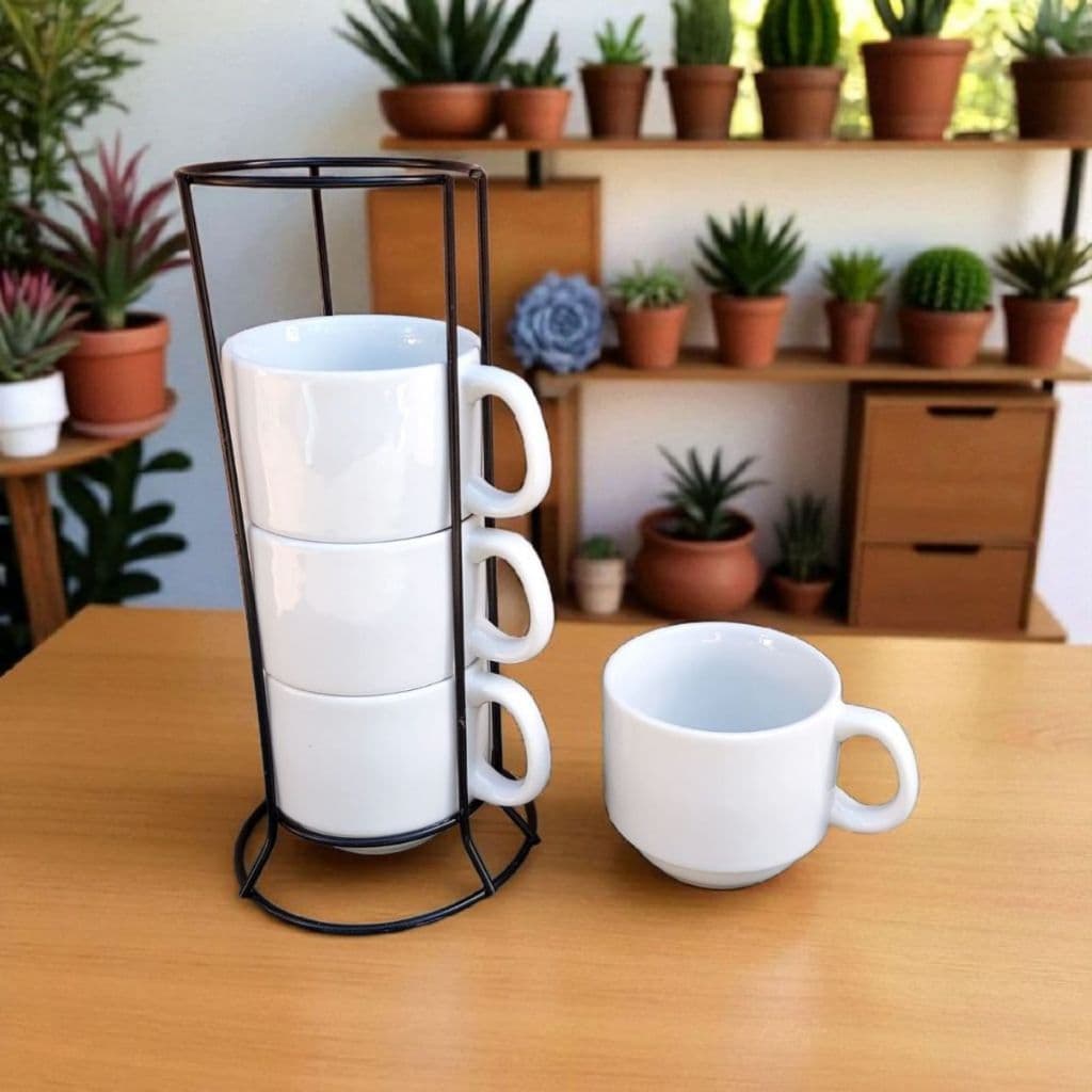 Jogo De Xícara Café Chá Branca Empilhavel Caneca Porcelana Hotel Suporte Ferro 200ml