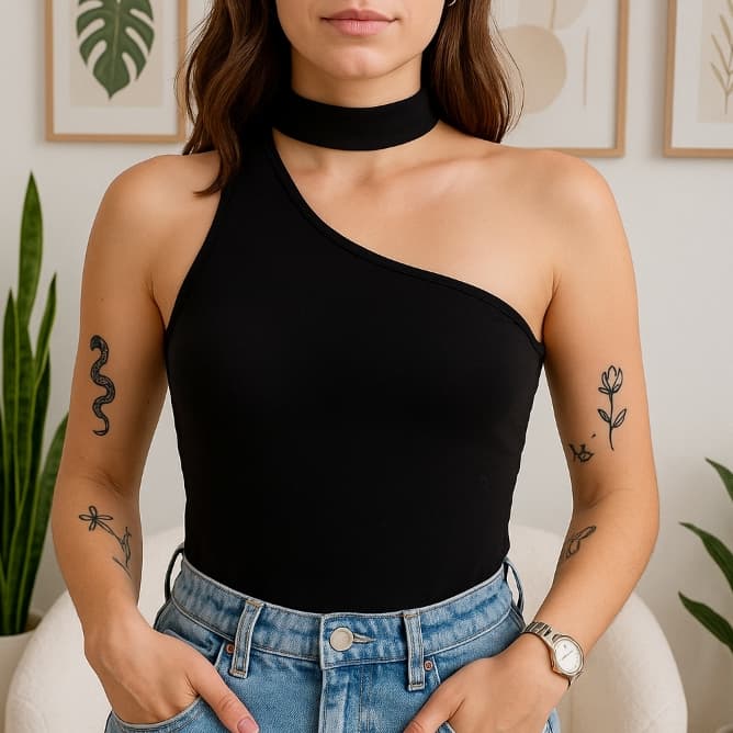 Blusa Feminina Um Ombro Só Mula Manca Gola Choker Elegante - Tendência
