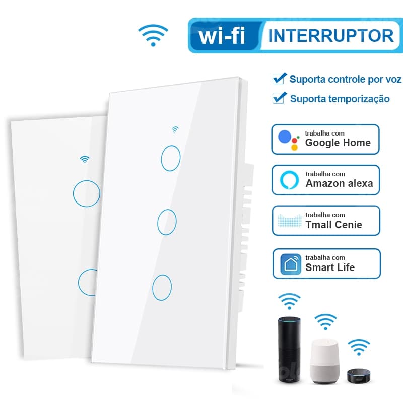 Interruptor Wi-Fi Touch Smart Tuya 1/2 Botões Alexa Google Home Controle por App