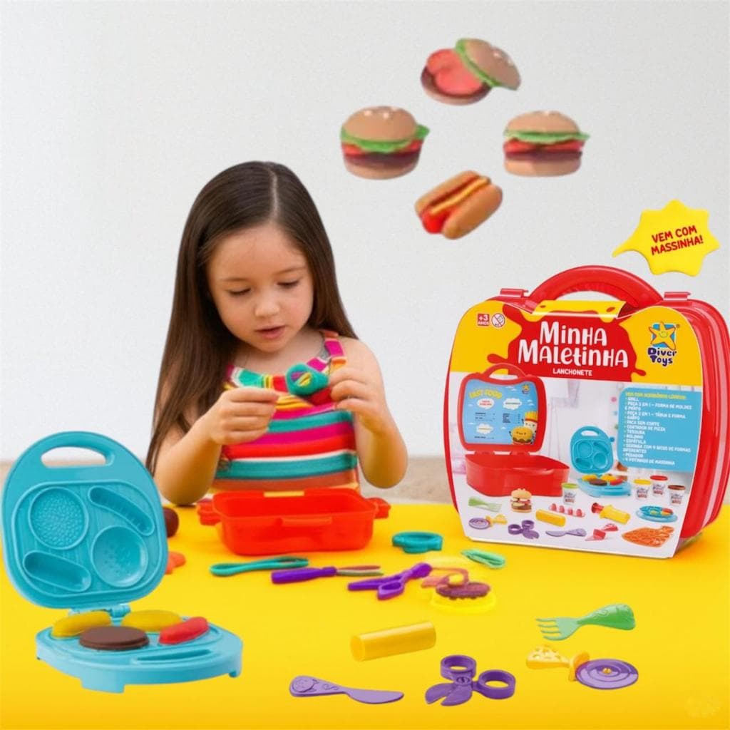 Maleta Lanchonete Hamburguer Massinha Modelar Acessórios Brinquedo Infantil