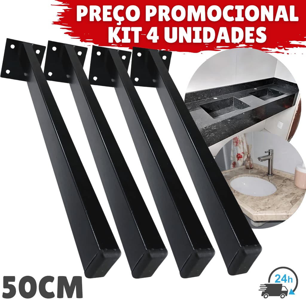 Suporte De Pia Bancada Mesa 50cm Grapa De Parafusar Com Pintura Eletrostática Base Reforçada 4 Peças