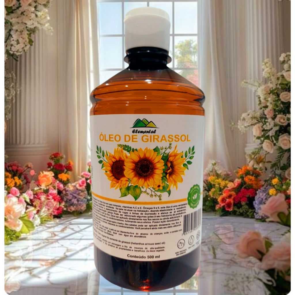 Óleo de Girassol 500ml prensado a frio uso capilar e corporal hidratação nutrição maciez + brilho