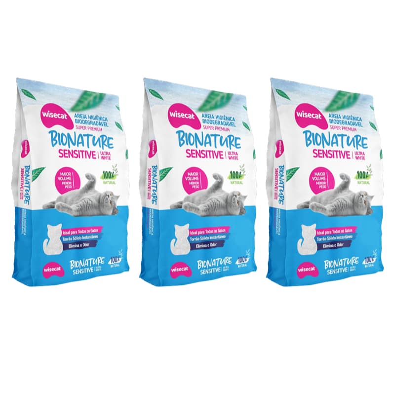 Kit 3 Areia Biodegradável para Gatos Bionature Sensitive Wisecat 2 KG Areia Grãos Finos